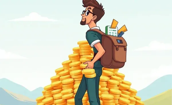 A person embarking on a journey to build wealth, symbolized by a mountain of coins.