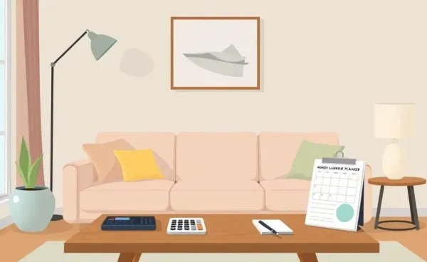 Living room scene with budget materials suggesting financial planning