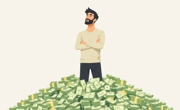 Person contemplating a financial windfall with money around them.