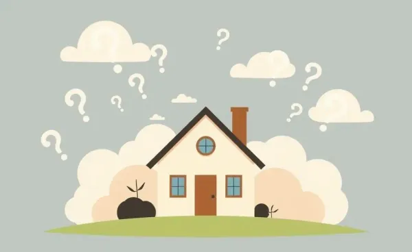 An inherited house with question marks around it symbolizing uncertainty and decision-making.