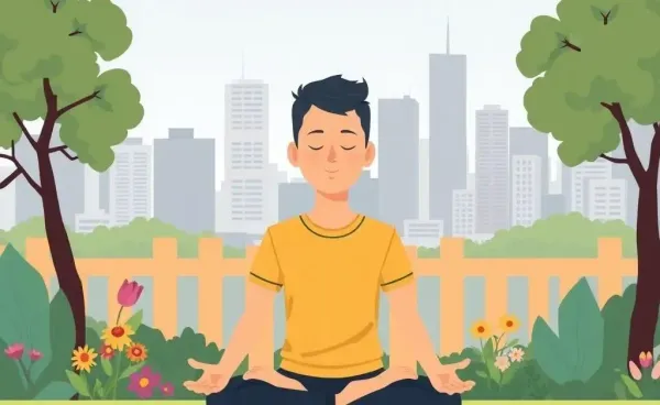 A person meditating in a peaceful garden with a city skyline.