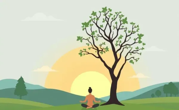 A person meditating under a tree in a serene landscape