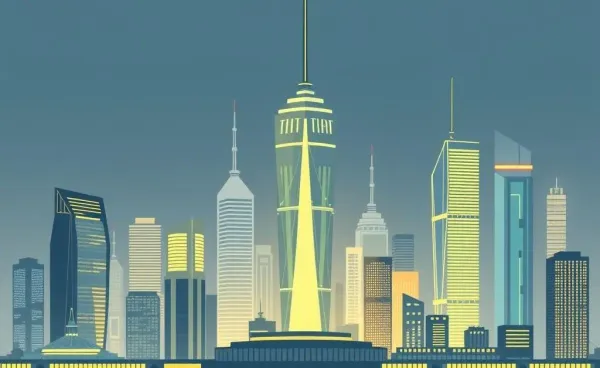 A city financial district with a digital innovation overlay