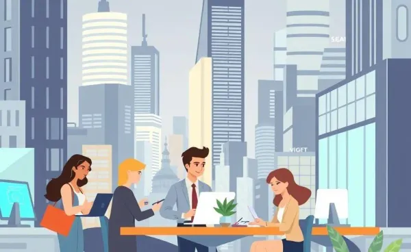 Futuristic financial district with diverse professionals