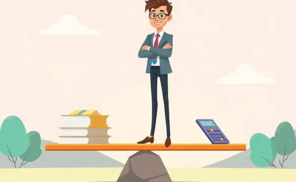 Insurance agent balancing financial paperwork on a seesaw