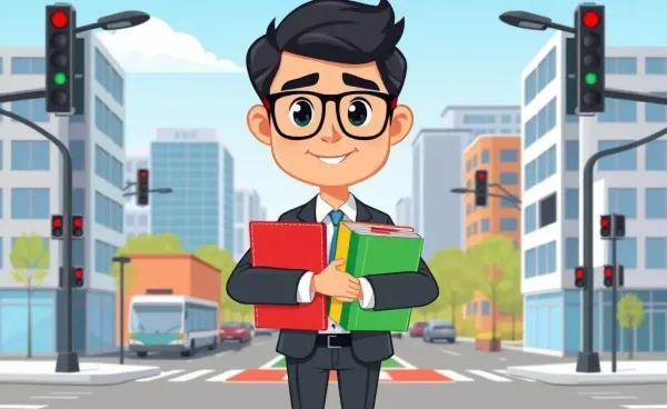 A cartoon-style image of an insurance agent standing at a crossroads