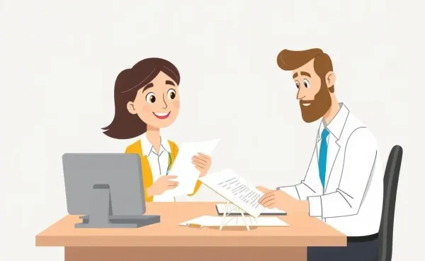 Illustration of a friendly insurance agent helping a client at a desk.