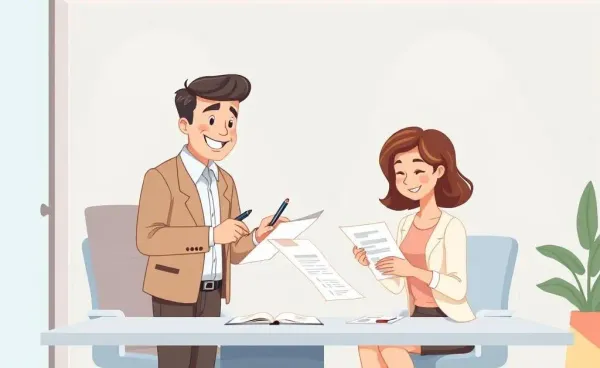 Friendly insurance agent assisting a customer with claims paperwork