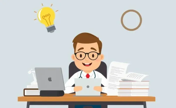 An insurance agent at a desk with policy documents and a light bulb illustration above their head.