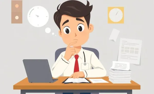 A thoughtful insurance agent at a desk with papers, contemplating a mistake
