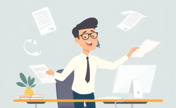 A cartoon illustration of an insurance agent juggling multiple tasks simultaneously