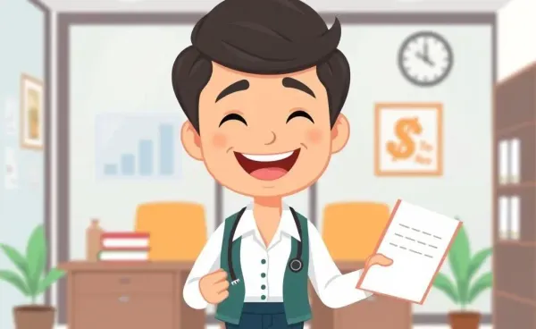 Joyful insurance agent with a notepad in an office setting