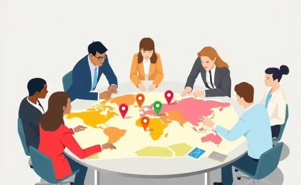 Illustration of insurance agents collaborating over a map.