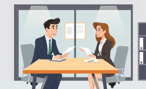 Two professionals discussing insurance at a modern office desk