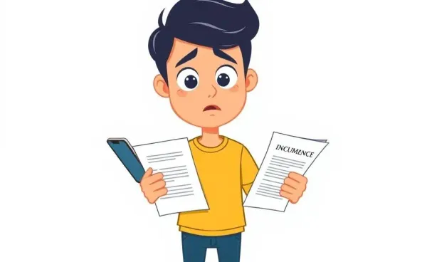 A cartoon of a confused person holding insurance documents next to a phone.