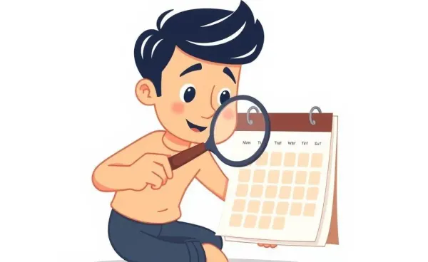 A person examining a calendar with a magnifying glass