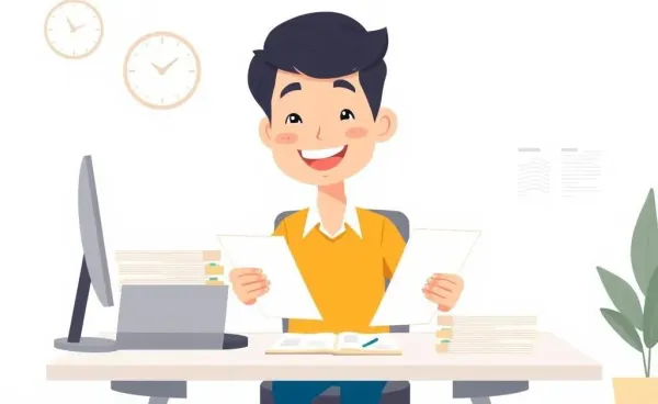 A person sitting at a desk, smiling, with insurance claim documents in hand