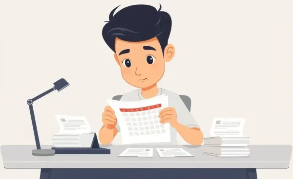 A person contemplating a calendar with insurance documents on a desk.