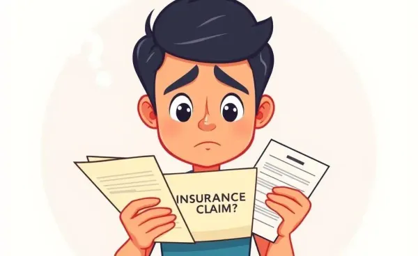 A person holding insurance claim documents with a curious expression.