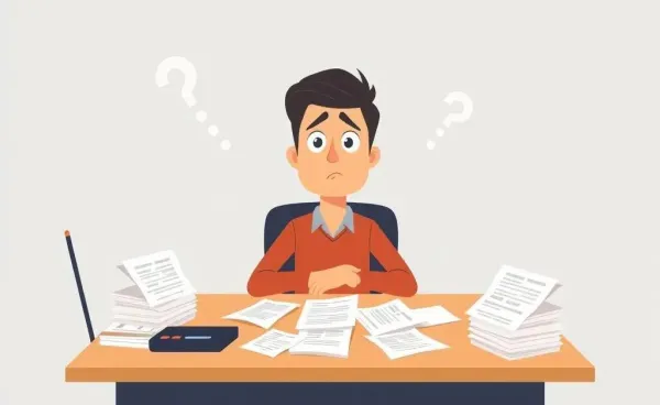 A person at a desk with insurance documents, appearing thoughtful.