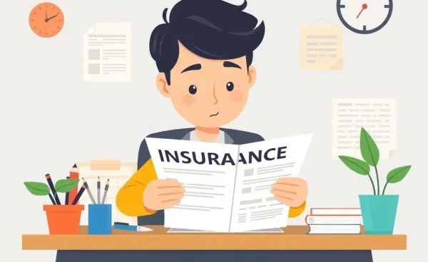 A person examining an insurance policy at a desk with an office setting.