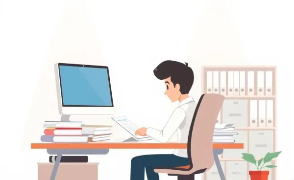 Person researching insurance claims at a desk.