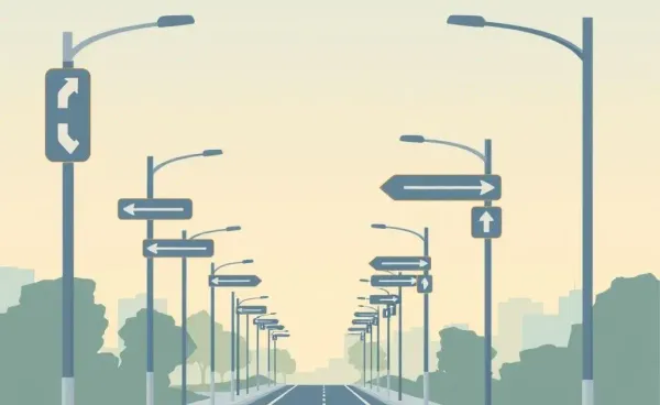 A serene street with road signs indicating guidance