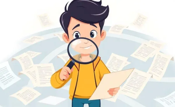 Cartoon character navigating insurance documents with a magnifying glass