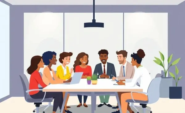 Cartoon-style illustration of office workers at an insurance company