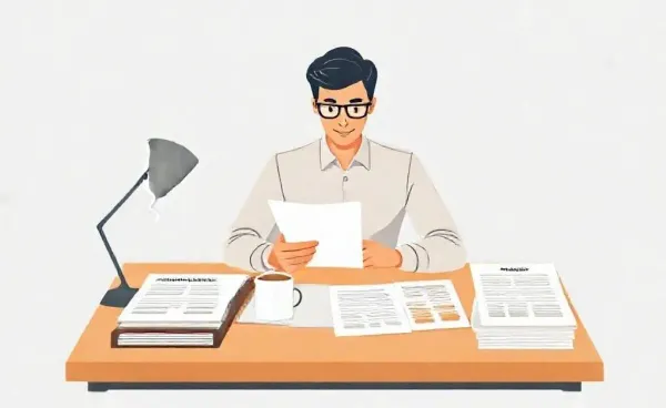 A person at a desk confidently handling insurance documents with a coffee cup nearby