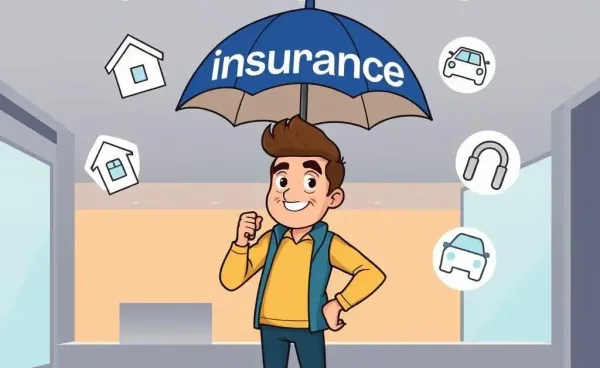 Illustration of a person holding an umbrella labeled 'Insurance' with insurance symbols around