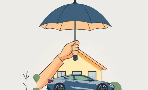 A cartoon of a person shielding a house and car representing insurance coverage