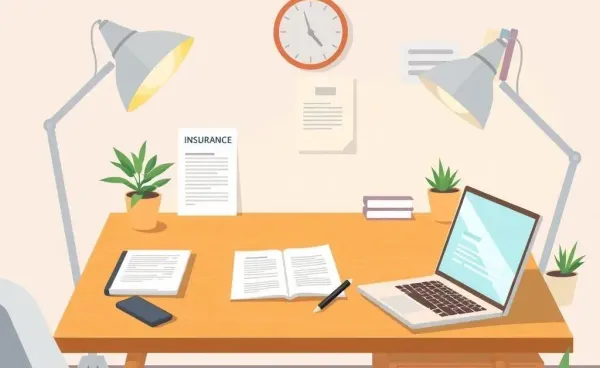 Cozy study setup with insurance documents and a laptop on a wooden desk