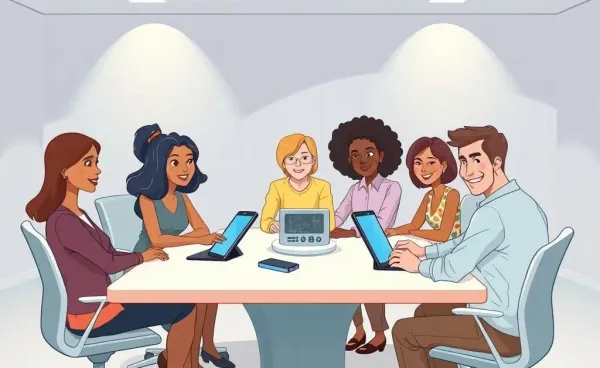 A group of people discussing futuristic insurance policies at a table