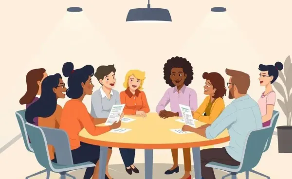 Diverse group of people discussing insurance policies around a table