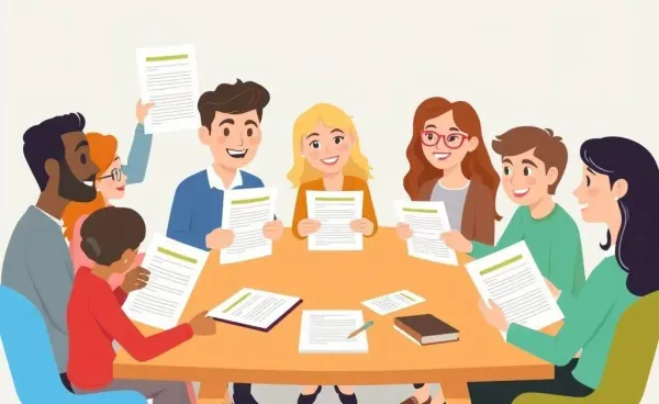 Cartoon image of people discussing insurance documents around a table
