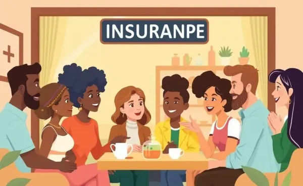 An illustration of people discussing insurance options over tea.