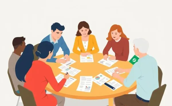 Group discussing insurance around a table with papers and charts