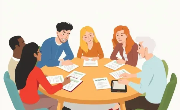 A group of people discussing insurance policies around a table.