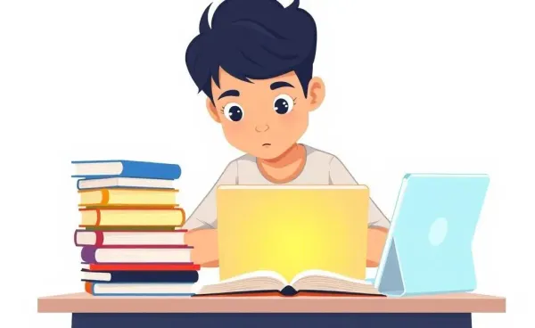 Cartoon of a person studying at a desk with books and a laptop for an insurance exam