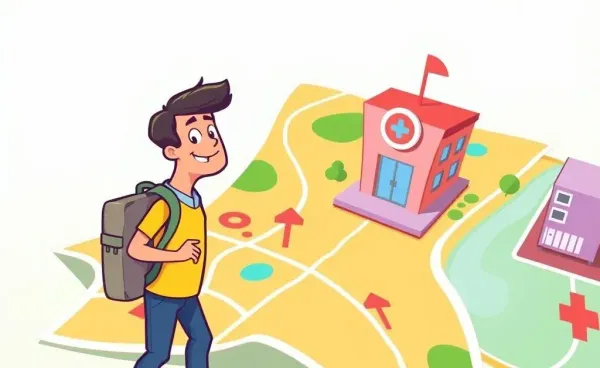 A person confidently navigating a map towards an insurance office.