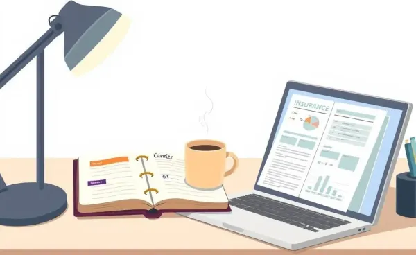 Cartoon-style desk with insurance documents and a coffee mug