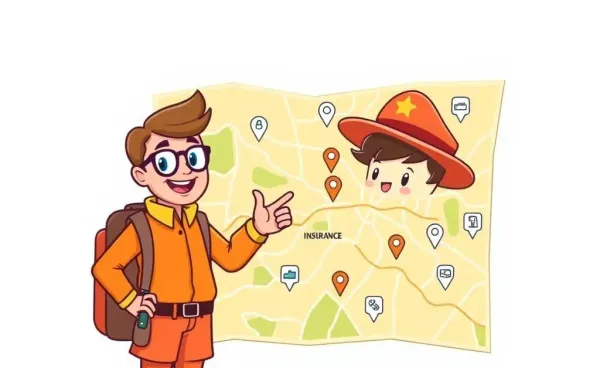 A friendly guide pointing at a map with insurance symbols.