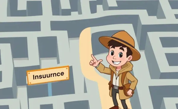 Cartoon guide leading a person through an insurance maze