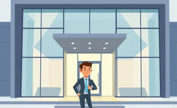 A person confidently entering a modern office building for an interview.