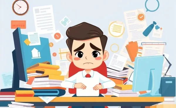 An insurance marketing representative at a cluttered desk, looking determined.
