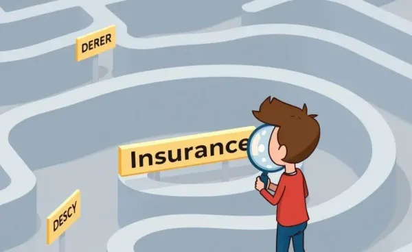 Person exploring an insurance maze with a magnifying glass.