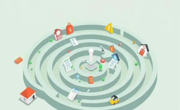 Cartoon-style maze with insurance icons, representing the complexity of selecting an insurance agency