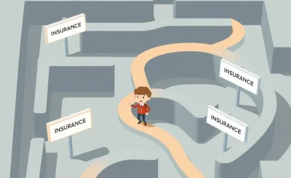 A maze with signposts labeled insurance terms and a guide leading the path