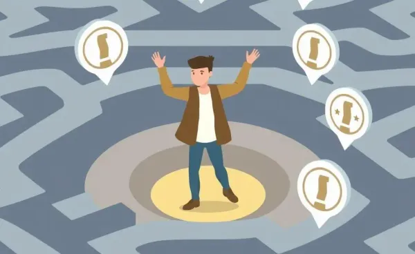 Illustration of a person navigating a maze with insurance symbols